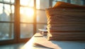 Stack of documents sits on desk near window in sunlight. Papers symbolize work overload or audit. Folders represent admin Royalty Free Stock Photo