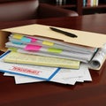 A stack of documents on a wooden desk features an assortment of Royalty Free Stock Photo