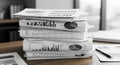 Stack of documents on a wooden desk, featuring various financial charts and graphs, Royalty Free Stock Photo