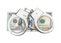 Stack of dollar bills and handcuffs on white. Top view Royalty Free Stock Photo