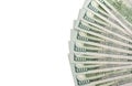The stack is 100 dollar bills USD spread out like a fan, isolated on white background.Copy of space. Royalty Free Stock Photo