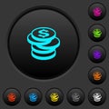 Stack of Dollar coins dark push buttons with color icons Royalty Free Stock Photo