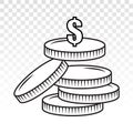 Stack of dollar coins or payment dollar bill vector flat icon on a transparent background Royalty Free Stock Photo