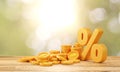 Stack of dollar coins and percent on wooden planks in natural light background.