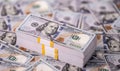 Stack of dollars and cash with a money background. US dollars currency and banknotes. Pile of 100 USD bills. American hundred Royalty Free Stock Photo