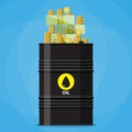 Stack of dollars and coins on oil barrel Royalty Free Stock Photo