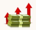 Stack of dollars with rising arrow isolated on white background. Money and economics concept. Royalty Free Stock Photo