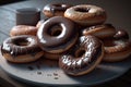 Stack of donuts with chocolate icing. AI generative. Traditional donut day.