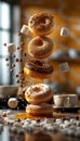 A stack of donuts with chocolate and marshmallows floating in midair