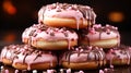 A stack of doughnuts with chocolate pink color background