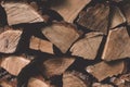 A stack of dry firewood wooden logs laid in a heap stored for winter heating season background. Royalty Free Stock Photo