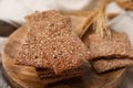 Stack of dry rye crispbreads on table, closeup Royalty Free Stock Photo