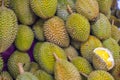 A stack of durians at a fresh market in the Malaysian capital of Kuala Lumpur. The strong smelling fruit with its prickly skin and
