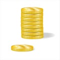 A stack of eight gold coins and one coin lying side by side isolated on a white background.