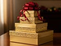 Stack of elegant gift boxes with red ribbon Royalty Free Stock Photo