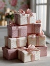 Stack of elegant pink and white gift boxes with ribbons. Royalty Free Stock Photo