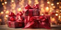 A stack of elegant red gift boxes with shiny ribbons against a warm bokeh background. Generative AI Royalty Free Stock Photo