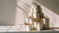 A stack of elegant white gift boxes with gold ribbons, lit by warm sunlight casting beautiful shadows. A minimalist and Royalty Free Stock Photo