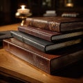 Stack of elegantly bound books resting on a polished wooden surface tabletop Royalty Free Stock Photo