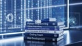 Software Development Programming Education Stack of Coding Books, Data Structures, Python, Web Dev with Digital Tech Ba Royalty Free Stock Photo