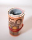 A roll of EUR european bills held with an elastic band Royalty Free Stock Photo