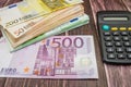 Stack Euro Banknotes Calculator Table Lots Money Business Concept Various banknotes.