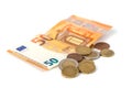 Stack of Euro banknotes and coins isolated. 50 Euro banknot Royalty Free Stock Photo