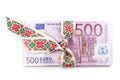 Stack of Euro banknotes with ribbon. 500 Euro banknotes. Royalty Free Stock Photo