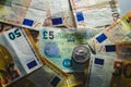 Stack of euro bills cornering a pound note by the brexit Royalty Free Stock Photo