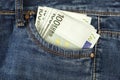 A stack of 100 euro bills in a jeans pocket. Money in the front pocket of jeans. The concept of investment, cash, wealth Royalty Free Stock Photo