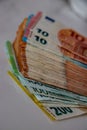 Stack of 10, 20, 50, 100, 200 euro bills Royalty Free Stock Photo