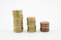 Stack of euro cents coins of different value on white background. Economy Royalty Free Stock Photo