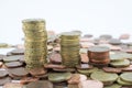 Stack of euro cents coins of different value on white background. Economy Royalty Free Stock Photo