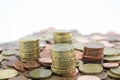 Stack of euro cents coins of different value on white background. Economy Royalty Free Stock Photo