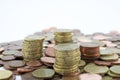 Stack of euro cents coins of different value on white background. Economy Royalty Free Stock Photo