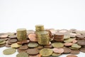 Stack of euro cents coins of different value on white background. Economy Royalty Free Stock Photo