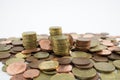 Stack of euro cents coins of different value on white background. Economy Royalty Free Stock Photo