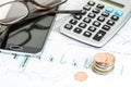 stack of euro coins, calcualtor, phone and glasses on a financial report, business concept for finance, economy, pension and Royalty Free Stock Photo