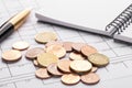 Stack of euro euro coins on old black wooden table. Pen, notebook and accounting documents with numbers Royalty Free Stock Photo