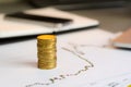 A stack of euro coins on a sheet of paper with financial reports and charts. Royalty Free Stock Photo