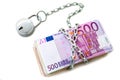Stack of euro notes chained up. Royalty Free Stock Photo