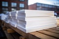 Stack of extruded polystyrene sheets insulative material for buildings at construction site