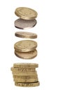 Stack of falling one pound coins Royalty Free Stock Photo