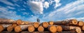 Stack of felled timber logs with clear blue sky and clouds, panoramic view. Forestry and logging industry concept Royalty Free Stock Photo