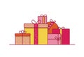 Stack of festive gift boxes wrapped in paper and decorated with ribbons and bows. Pile of packaged presents or surprises