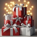 Stack of Festive Red and White Gift Boxes with Silver Ribbons and Bokeh Lights Royalty Free Stock Photo
