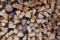 Stack of firewood as background. Pile of chopped wood, closeup