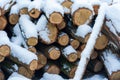 Stack of firewood covered with snow outdoors. Stack of wood cut. Snow on the timber stack. Wooden log store under snow white Royalty Free Stock Photo