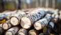 Stack of firewood in the forest, ready for winter generated by AI Royalty Free Stock Photo