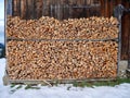 Stack of firewood in front of mountain hut in winter. Royalty Free Stock Photo